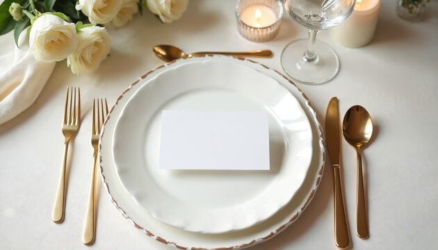 Elegant wedding table setting on white cloth. Fine dining with blank card on plate for guest name. Chic tableware with roses and candles for luxury event. Romantic reception dinner mockup.