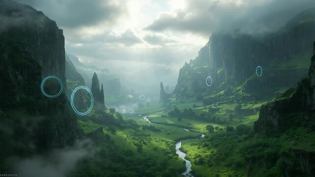 Lush green valley with winding river misty mountains soft sunlight and digital circular overlays blending natural landscape with subtle technology elements