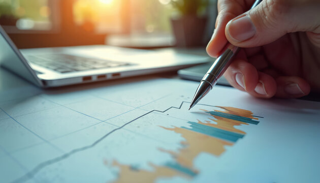 Hand with pen analyzes business graph. Person reviews financial report, charts, data, statistics. Laptop, phone on office desk. Sunlight on table, planning future strategy, market trends, investment