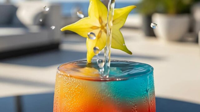 Vibrant Tropical Cocktail With Star Fruit Garnish Pouring Liquid With Bright Orange And Blue Layers On A Sunny Day With Blurred Background