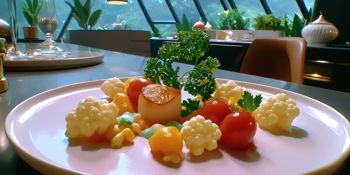 Seared scallop with cherry tomato cauliflower florets microgreens plated white dish, elegant minimal fine dining presentation - Powered by Adobe