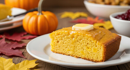 Thanksgiving cornbread slice, traditional autumn dish for family feast, served on white plate with butter. Thanksgiving meal brings warm feelings, includes mini pumpkin, cranberry sauce,