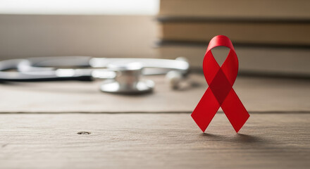 Symbolizing Tuberculosis awareness with red ribbon, stethoscope, and books on wooden surface. Tuberculosis is a critical global health issue, represented through symbolic ribbon,
