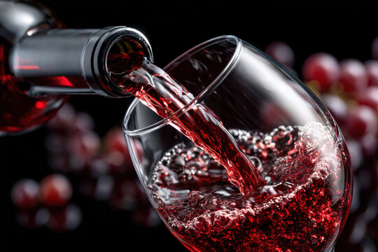 Red Wine Pouring into Glass with Grapes