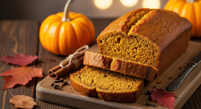 Presenting freshly baked Thanksgiving pumpkin bread with autumnal decorations for festive celebrations. Thanksgiving feast setup includes spiced pumpkin bread loaf, cinnamon sticks,