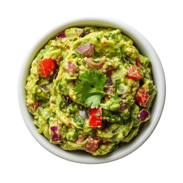 Fresh chunky guacamole dip in white bowl, avocado salsa with tomato and cilantro, isolated food png for menu design