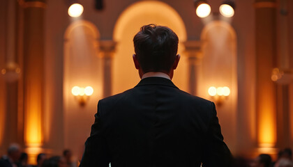 Man in formal suit stands on stage to give speech. Back view shot of speaker during business event. Elegant scene with lights and arches on wall. Businessman delivers report.