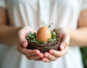 Female hands gently hold small delicate rustic nest. Single brown egg rests inside, adorned with fresh green leaves, tiny white flowers. New life, spring season, beautiful Easter holiday. Represents