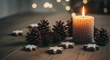 Lit candle with pine cones and star shaped cookies