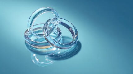 Modern abstract art with stunning clear glass rings intertwined on a vibrant blue background showcasing luxury and sophistication, ideal for technology or design concepts
