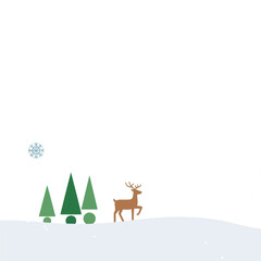 Minimalist winter landscape illustration featuring a deer, pine trees, and a falling snowflake.