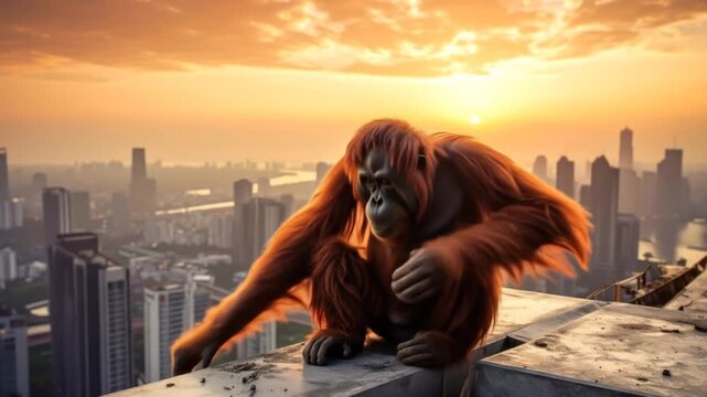Ape Contemplates City Sunset.