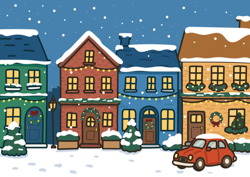 クリスマスの街並みのイラスト  Christmas town illustration