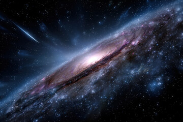Spiral Galaxy with Shooting Star in Deep Space