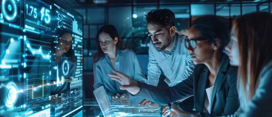 Modern business team analyzing data on a large digital screen with holographic charts and virtual interface. Concept of artificial intelligence, analytics, innovation, teamwork, cybersecurity,