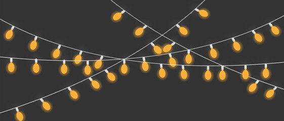 Christmas yellow lights isolated. Glowing garlands on transparent dark background. 