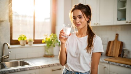Smiling Woman Holding Glass of Water in Bright Kitchen