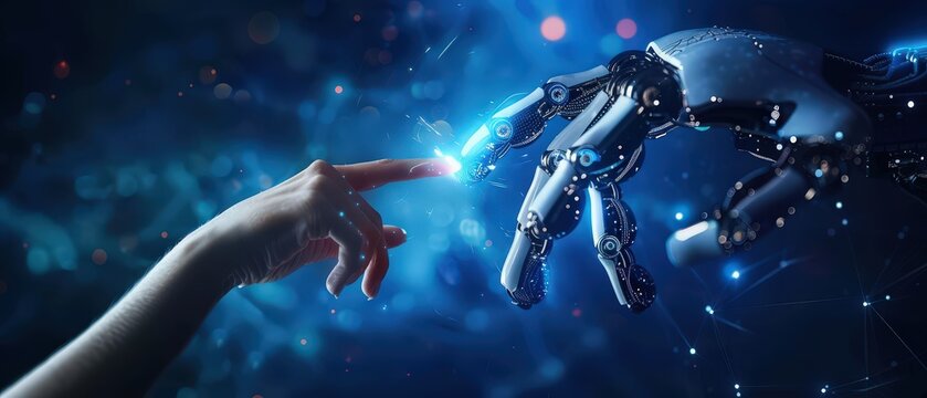 Human and robotic hands touching fingers with glowing light on blue digital background. Concept of artificial intelligence, innovation, and human technology connection.