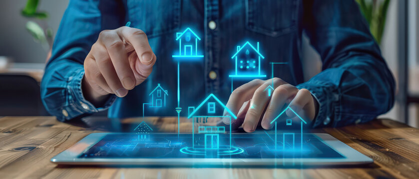 Person interacting with holographic smart home icons on tablet. Concept of real estate, housing, digital property, and technology innovation. - Powered by Adobe