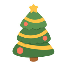 Festive Christmas Tree Decoration: A stylized and cheerful Christmas tree, adorned with star, and ornaments, is ready to bring holiday cheer. 