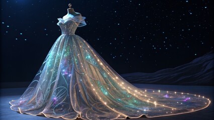 A stunning gown shimmers with ethereal light against a dark, starry backdrop