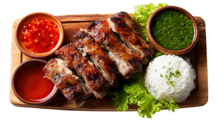 Grilled pork ribs with white rice and spicy sauces image isolated transparent. Delicious chinese spareribs on wooden platter cut out photo png. Cutout element object photography