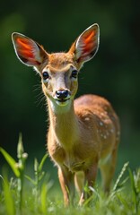 Fototapeta premium Young water deer stands alert in green grass field. Small fawn with big ears, dark eyes looks intently at camera. Wild animal lives in nature park, forest habitat during sunny day. Adorable wildlife