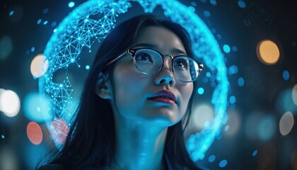Young woman in glasses looks at glowing global network sphere. Represents tech future, innovation, worldwide connection. Image shows digital communication, smart data, global business growth. Outlook