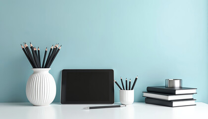 Minimalist workspace setup with tech tablet, books, pencils, pen on white desk. Light blue wall creates calm mood. Simple office essentials for work, study, creative tasks. Modern design for