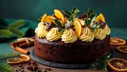 Decadent chocolate orange cake with creamy frosting and festive decorations