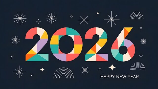 Celebrate 2026 New Year with a modern, joyful, and colorful geometric design for your festive greetings and vibrant seasonal promotions