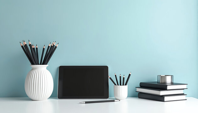 Minimalist workspace setup with tech tablet, books, pencils, pen on white desk. Light blue wall creates calm mood. Simple office essentials for work, study, creative tasks. Modern design for