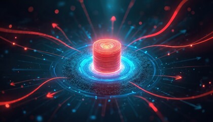 Glowing red cylinder emits energy in abstract dark space. Force field illustrated by lines with arrows. Futuristic visualization of dynamic magnetic forces. Data transfer stream with digital core.