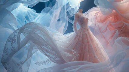 Elegant couture gown with flowing fabric, capturing a dreamlike essence of bridal beauty and timeless romance for editorial fashion and wedding concepts