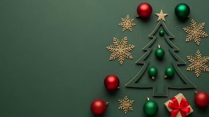 Festive christmas tree decoration arrangement with ornaments and snowflakes