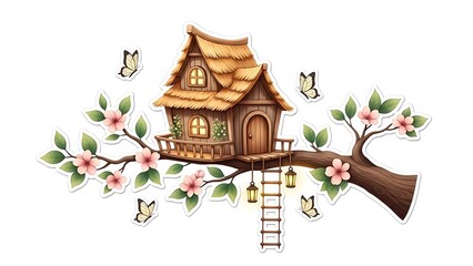 Whimsical treehouse with blooming branches and fluttering fireflies