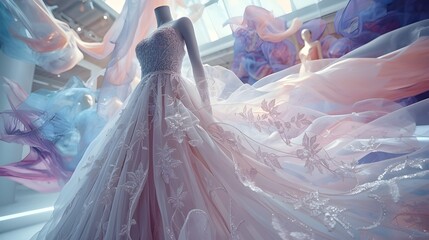 Elegant wedding dress display with dreamy pastel fabric flowing, a vision of bridal beauty and romantic elegance perfect for high-end fashion advertising