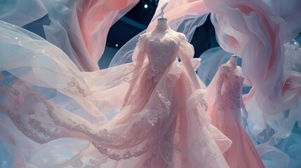 Ethereal blush pink wedding gowns float amidst dreamy fabrics, perfect for bridal inspiration, romantic designs, and elegant event concepts