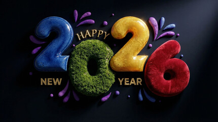 Happy New Year 2026 Text with Mixed Material Numbers on Black Background. Festive Illustration.