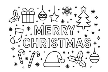 Merry Christmas greeting card with festive holiday elements in line art style