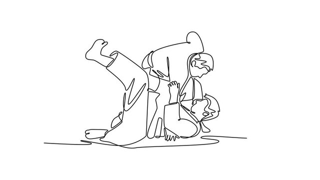 Animated self drawing of continuous line draw two men are locked in close-quarter grapple on ground with one performing inverted roll over the other. Strength technique. Full length one line animation