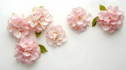 Obraz premium Delicate pink hydrangea flowers with soft, round petals and prominent yellow centers are placed against a clean and crisp white background, creating a minimalist yet elegant floristic concept