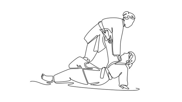 Self drawing animation of single line draw two women are locked in close-quarter grapple on the ground with one applying leg control or choke hold over the other. Continuous line. Full length animated