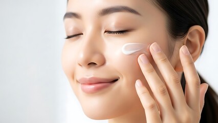 Young woman applying moisturizing cream to her face
