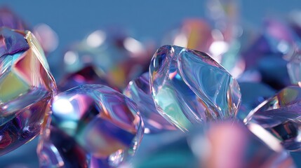 Stunning translucent crystalline shapes shimmering with iridescent light against a soft blue backdrop, perfect for modern design and abstract visuals, creating a vibrant ethereal atmosphere