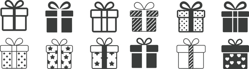 Collection of festive gift box icons featuring ribbons, bows, patterns, and decorative designs in minimalist vector style for holiday celebration graphics.