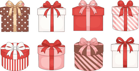 Collection of festive gift box vector illustrations featuring various shapes, ribbons, bows, colors, and decorative patterns perfect for holiday celebration designs.