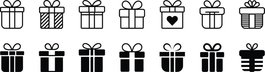 Collection of minimalist gift box icons featuring ribbon bows, decorative patterns, solid silhouettes, and festive present designs in clean modern vector style.