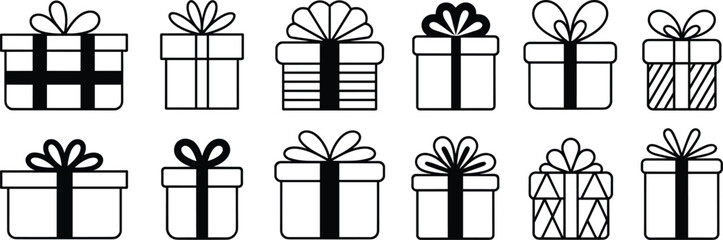 Collection of minimalist gift box vector icons featuring various ribbon styles, decorative patterns, and festive designs for celebration and holiday illustrations.