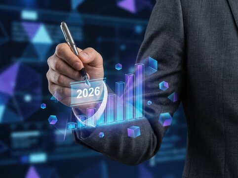 The 2026 New Year business goals concept. Hand writing 2026 on a holographic bar chart, symbolizing future business growth and pl...